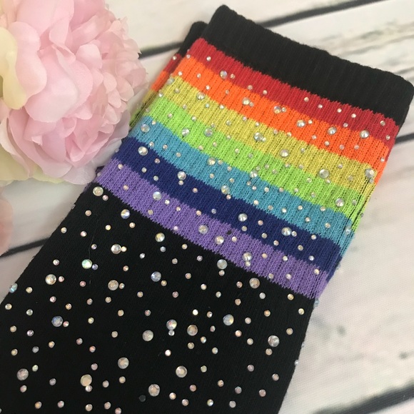 🌈 Sexy Bling Rhinestone Over The Knee Rainbow Socks - Picture 8 of 12